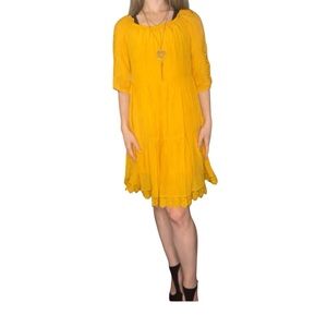 Indigo Rose Mustard Yellow Boho Dress Size L Tiered Lace Trim 3/4 Sleeve Flowy